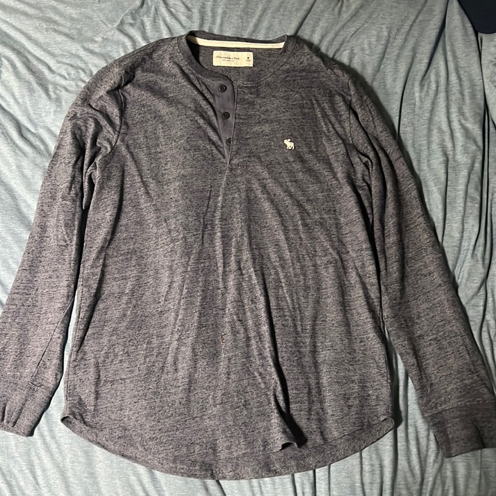 Abercrombie Fitch Mens Soft AF Henley Long Sleeve Tee Medium Heather Gray/Blue